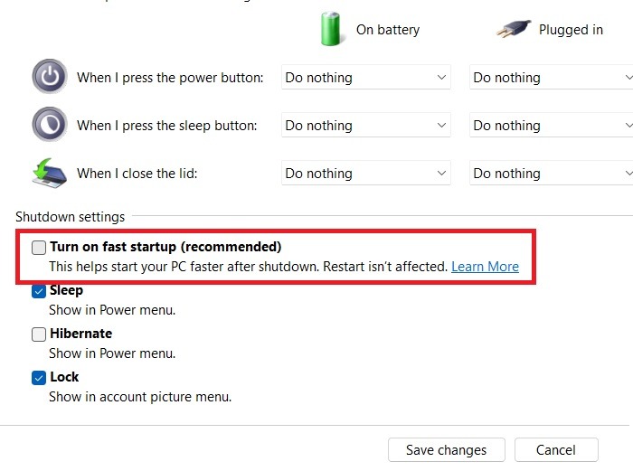 Ram Drive Windows Power Settings Turn On Fast Startup