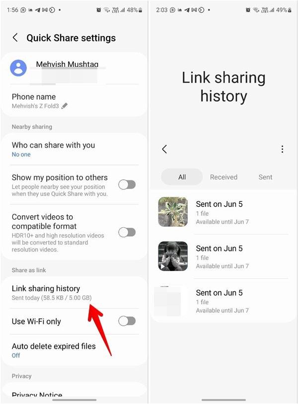 Samsung Quick Share Link Sharing History