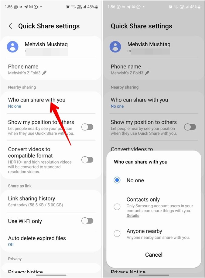 Samsung Quick Share Nearby Privacy