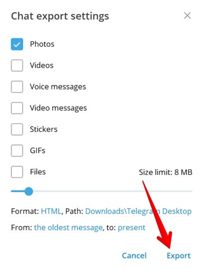Telegram Export Individual Chat Settings Select