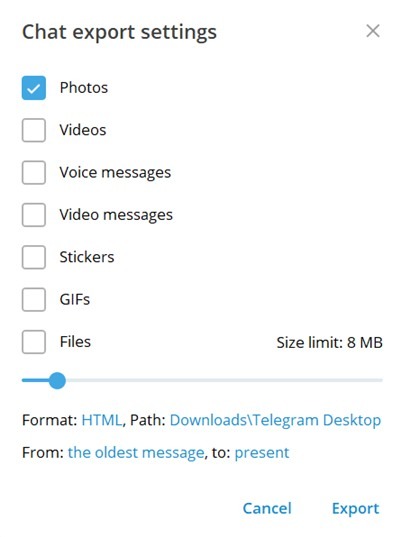 Telegram Export Individual Chat Settings