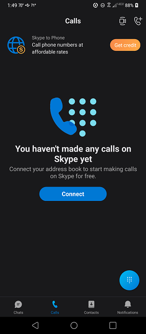 Making a first call on the free calling app Skype.