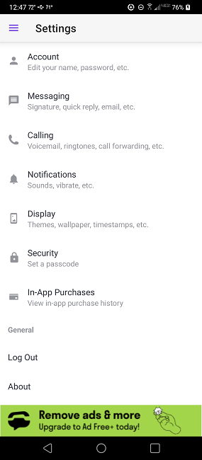 Exploring TextNow's settings.