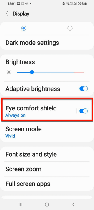 Eye Comfort Display Settings Menu Android