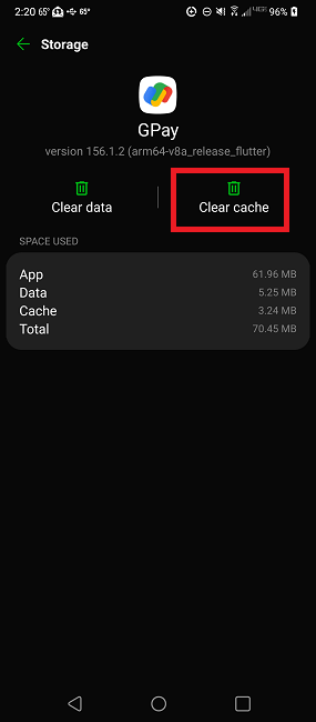 Clearing cache for Google Pay app.