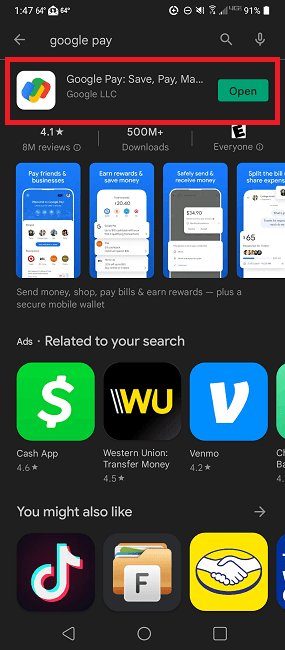 Google Pay in the Google Play Store.