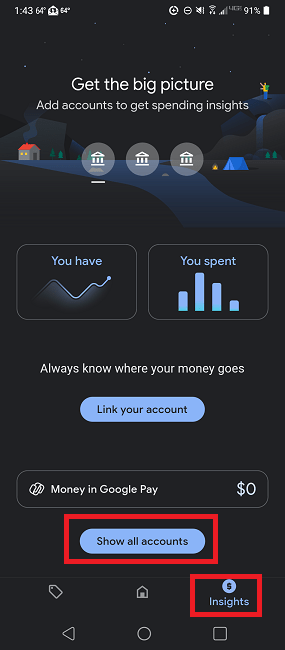 Main screen to view insights in Google Pay app.