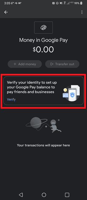 Start the process of verifying your identity in Google Pay.