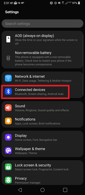 Selecting Connected devices in Settings to see if NFC is supported to fix Google Pay not working.