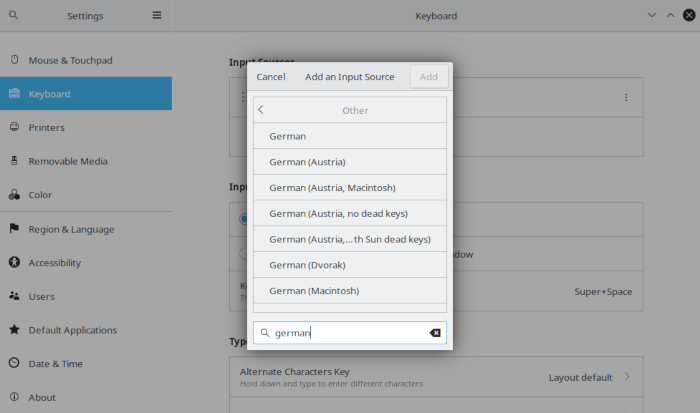 GNOME Keyboard Layout List Keyboard Layout 02 Language Select