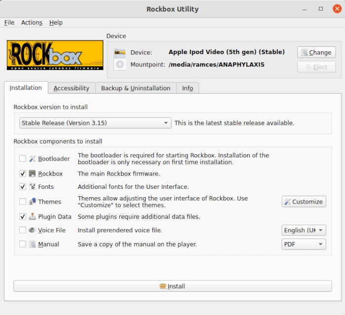 Rockbox Install Utility Installation Tab