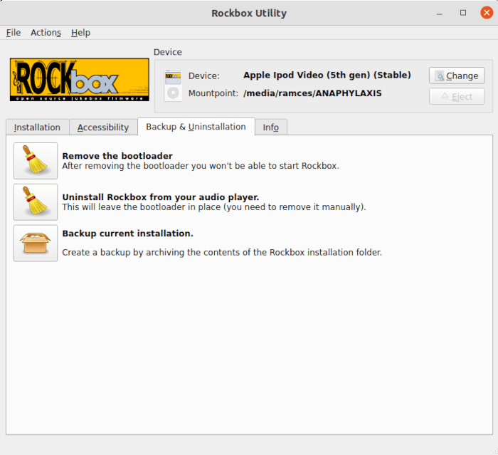 Rockbox Install Utility Uninstallation Tab