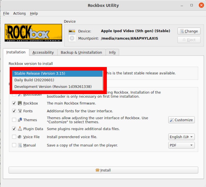 Rockbox Install Version Select