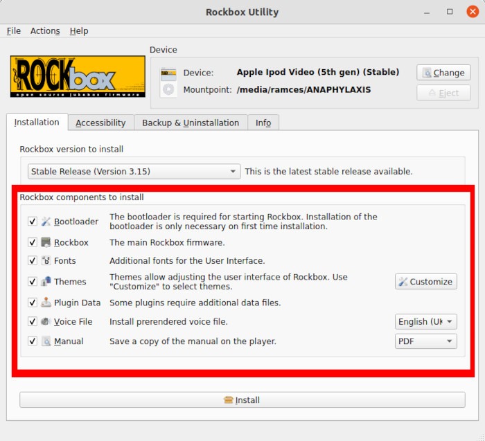 Rockbox Install Components Select