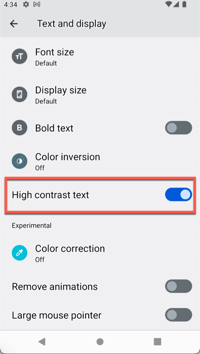 Toggle On High Contrast Text