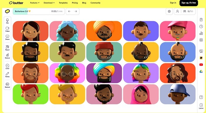 Sample Butter video call using avatars.