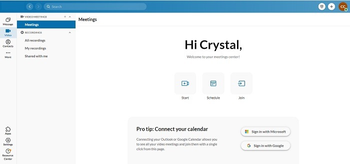 RingCentral dashboard for managing meetings.