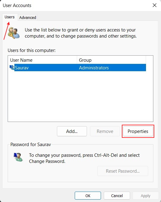 Change Account Name Select Properties