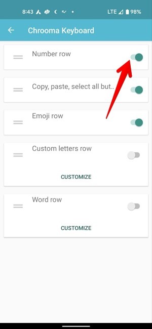 Enabling "Number row" option in Chrooma Keyboard app.