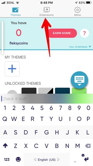 Tapping "Extension" tab in Flesky app for iOS.