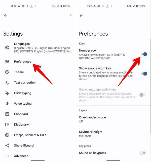 Clicking "Preferences" to enable "Number row" option in Gboard app for Android.