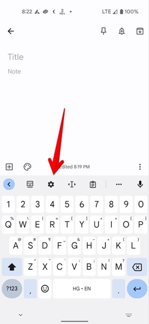 Clicking on gear-shaped icon to open Settings in Gboard for Android.