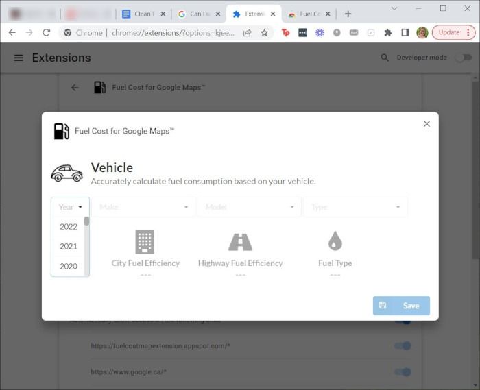 Google Maps Extensions Fuel Cost