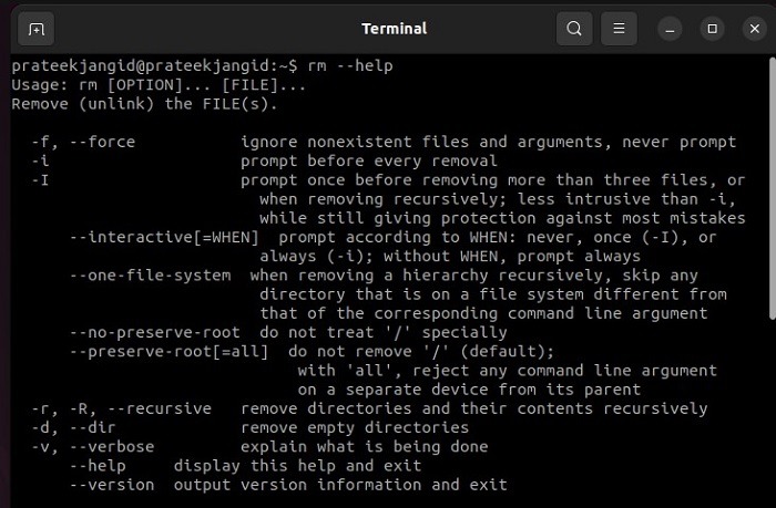 Help Option Of Rm Command In Linux
