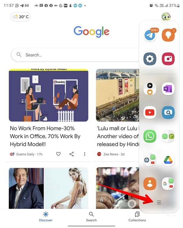 Samsung Galaxy Fold Split Screen Edge Panel Three Bar Icon