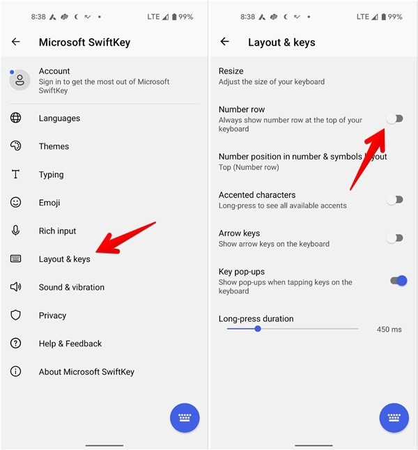 Enabling "Number row" option under "Layout & keys" in SwiftKey app.