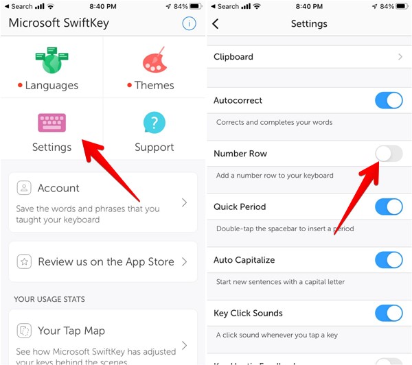 Enabling "Number Row" option from "Settings" in SwiftKey app for iOS.