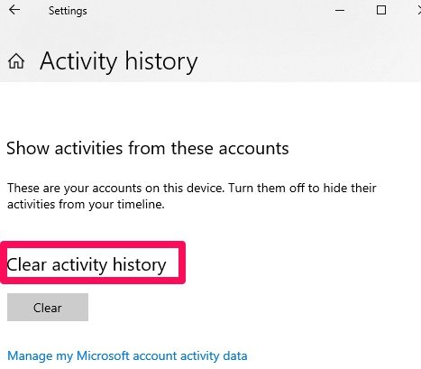 Windows Settings Clear Activity History