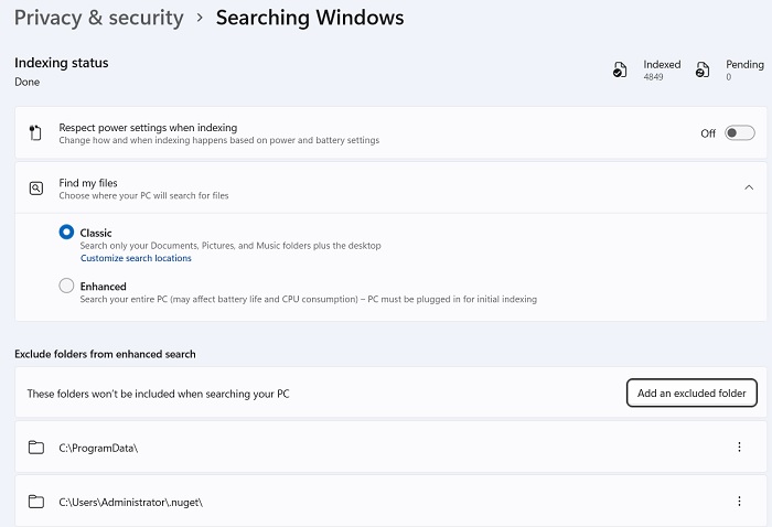 Windows11 Stuck Search Privacy And Security Search Excluded Folder