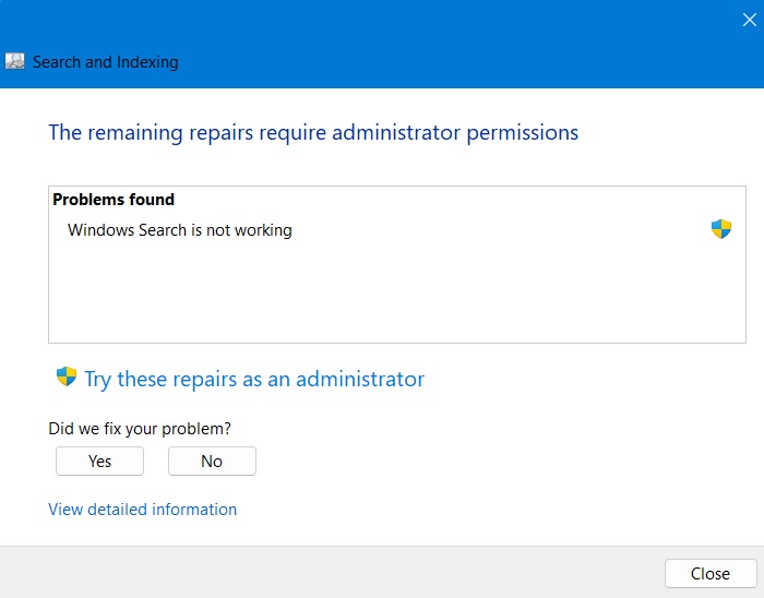 Windows11 Stuck Search And Indexing Repairs Administrator 