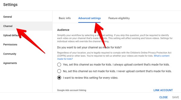 Youtube Channel Advanced Settings