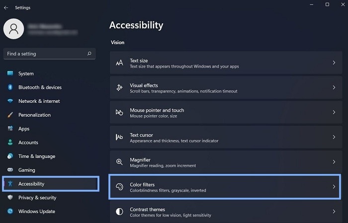 Accessibility Main Menu Color Filters
