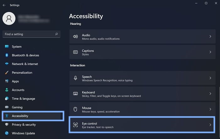 Accessibility Main Menu Eye Control