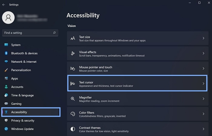 Accessibility Main Menu Text Cursor