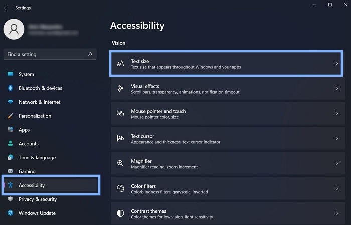 Accessibility Main Menu Text Size