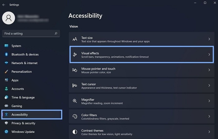 Accessibility Main Menu Visual Effects