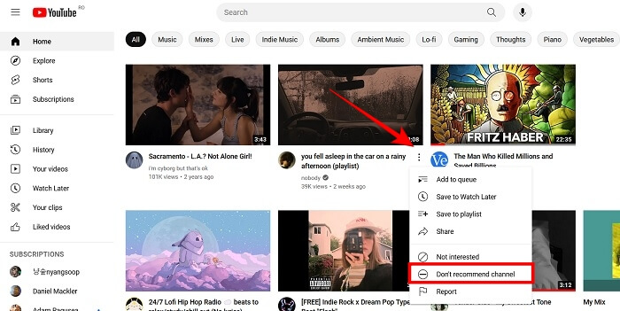 Block Channels Youtube Pc Dot Menu Not Interested