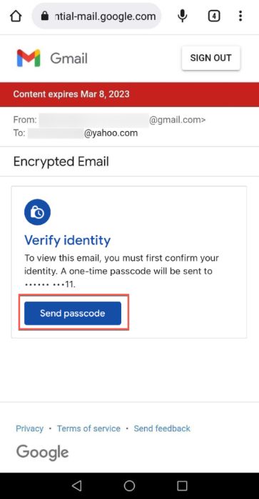 Tapping the "Send passcode" button in browser.