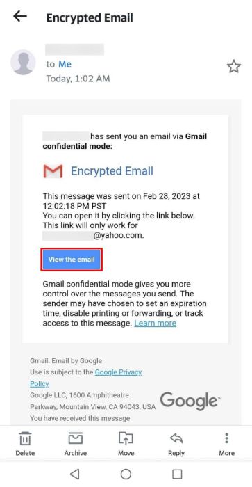 Tapping the "View the email" button in alternative email app. 