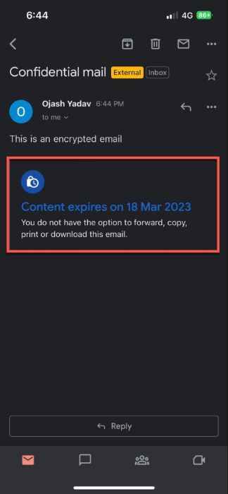 Email showing content expiry warning in Gmail app. 