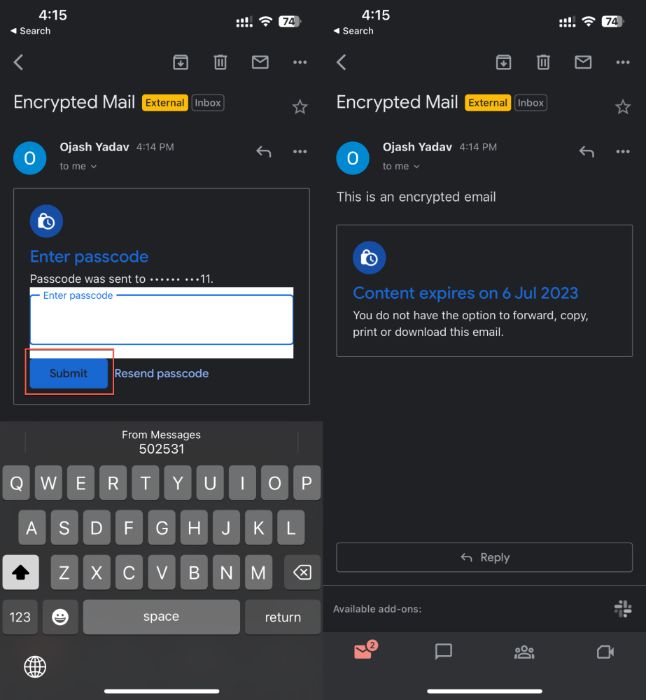 Entering the passcode to unclock encrypted email in Gmail app.