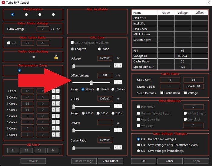 Decreasing the slider for "Offset Voltage" in Throttlestop.