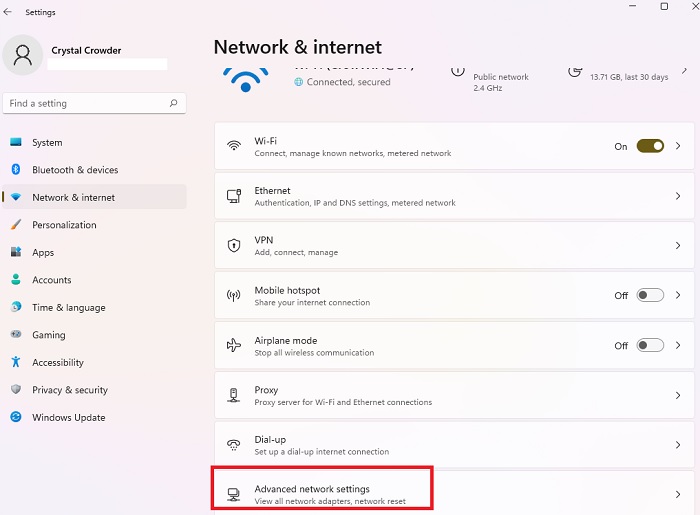Selecting Advanced network settings in Windows Settings.