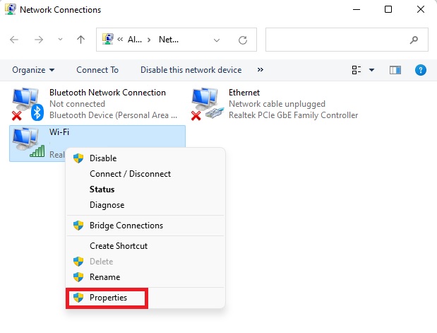 Viewing the properties of a network adapter in Control Panel.