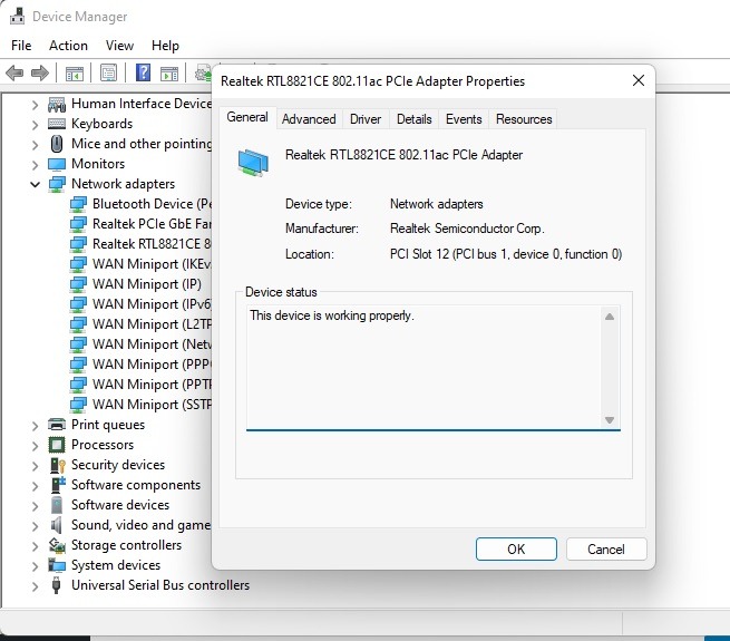 Viewing details of a network adapter in Device Manager.