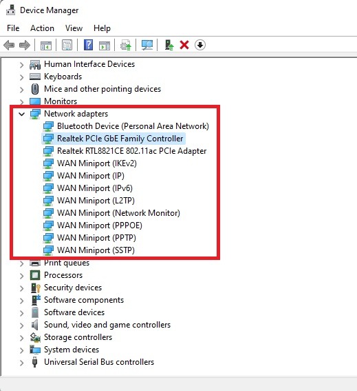 List of network adapters in Device Manager.